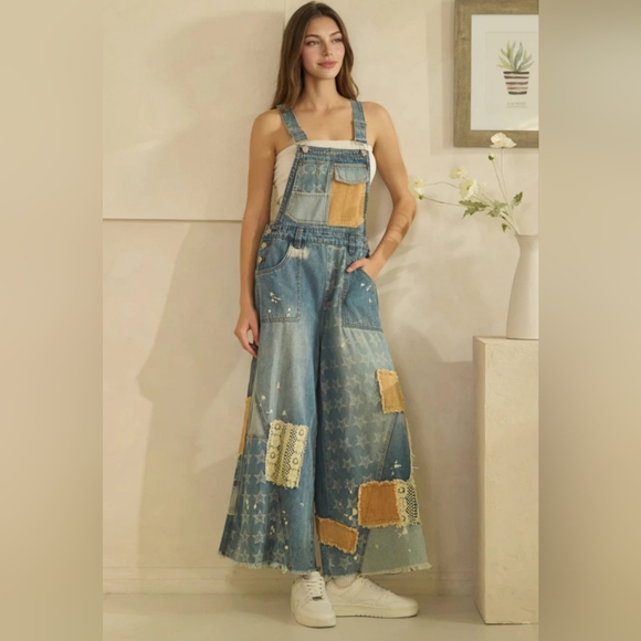 #1374 Oli & Hali Boho Starlight Patchwork Wide-Leg Denim Overalls - Picture 2 of 8